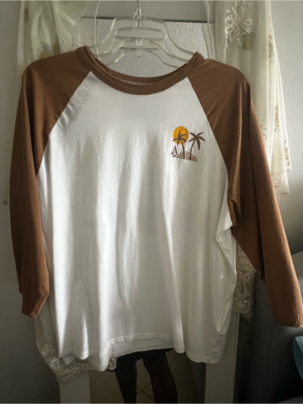 Volcom White Raglan Long Sleeve Tee with Brown Sleeves and Palm Sun Graphic